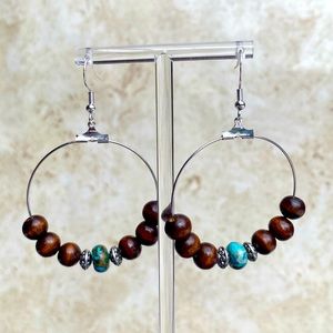 Beaded earrings - wood and turquoise beads with silver tone accents